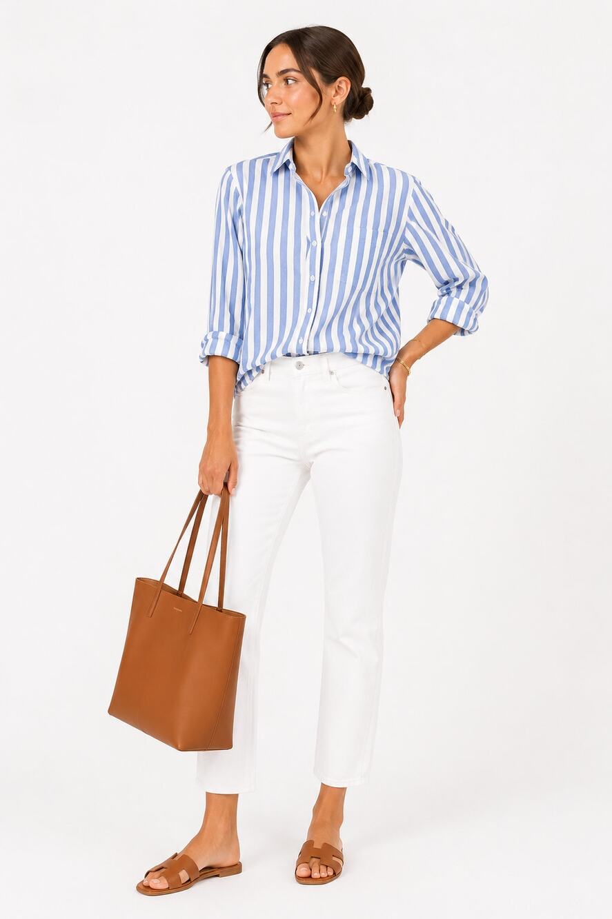 J.Crew Blue White Stripe Cotton Button Down Shirt Large Coastal Preppy Classic